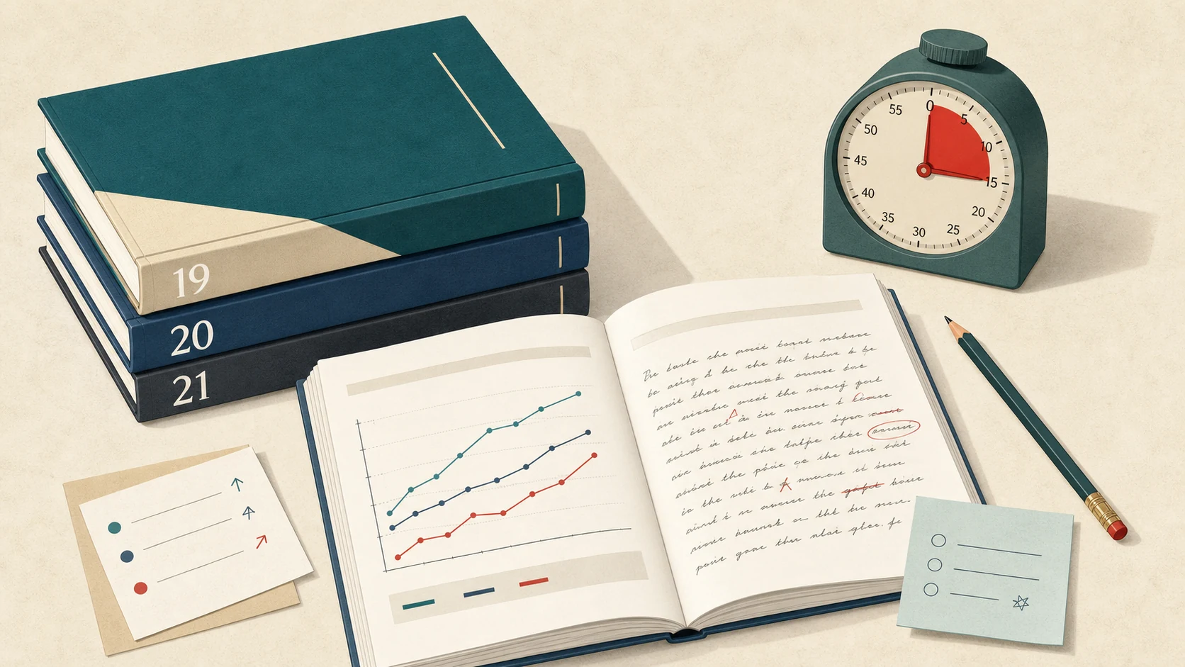 Recent IELTS practice volumes beside an open chart task, an essay draft, and a study timer.