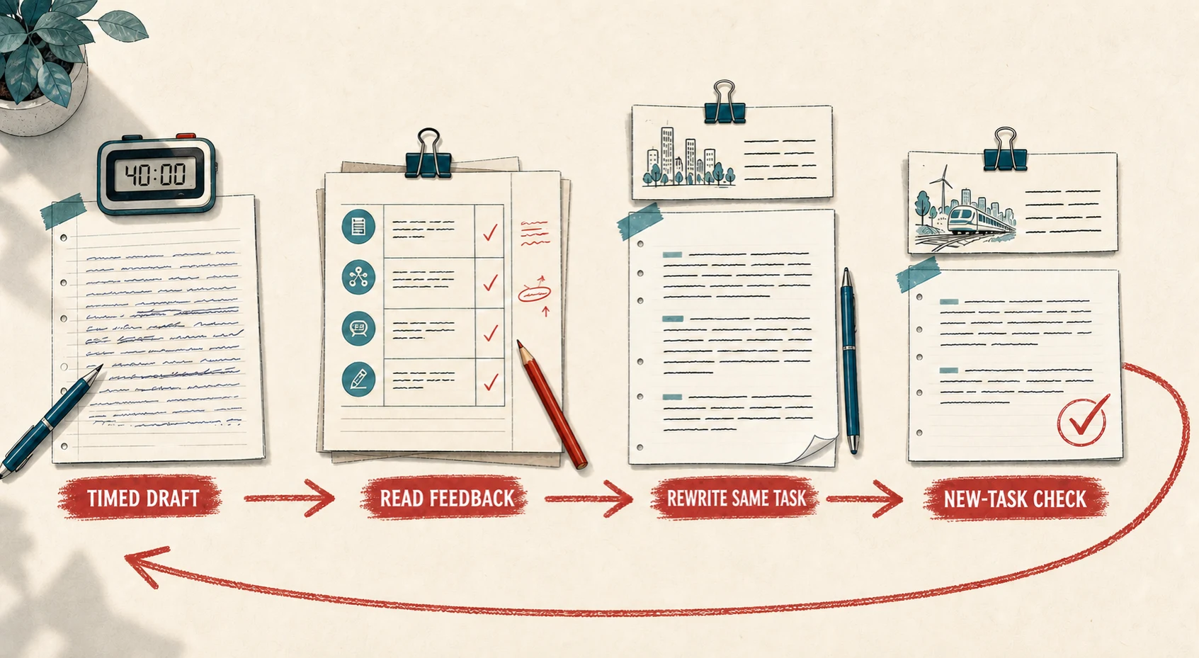 Illustrated four-step IELTS Writing practice cycle: timed draft, feedback, rewrite, and a new-task check.