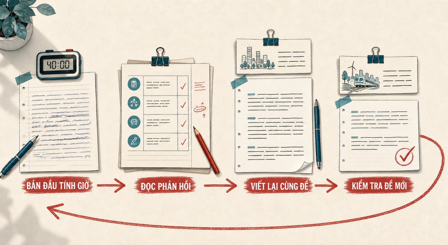 Minh họa quy trình luyện IELTS Writing bốn bước: bản đầu tính giờ, đọc phản hồi, viết lại cùng đề và kiểm tra bằng đề mới.