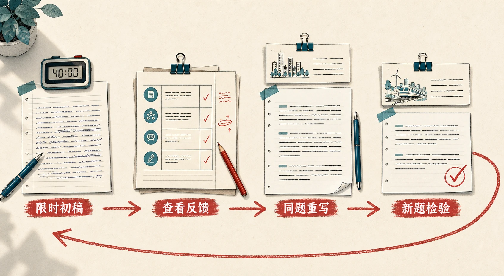 雅思写作四步练习节奏插图：限时初稿、查看反馈、同题重写和新题检验。