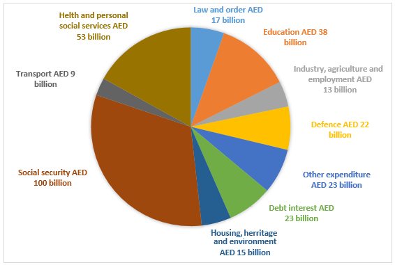 Pie chart for an IELTS Academic Task 1 question about UAE Government Budget by Sector.
