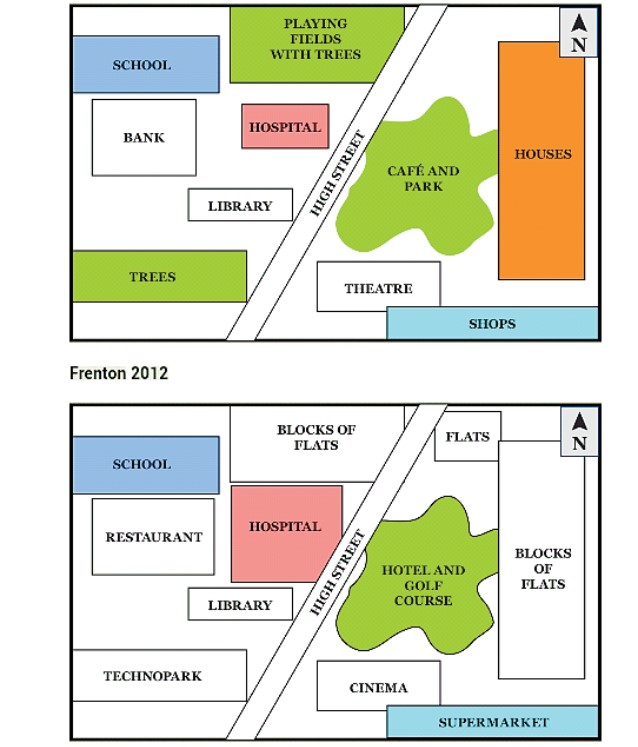 Map for an IELTS Academic Task 1 question about Frenton Development 1990–2012.
