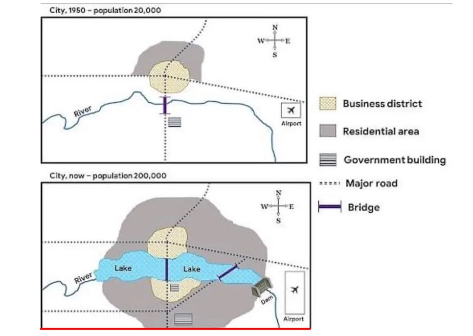 Map for an IELTS Academic Task 1 question about City Development from 1950 to Today.