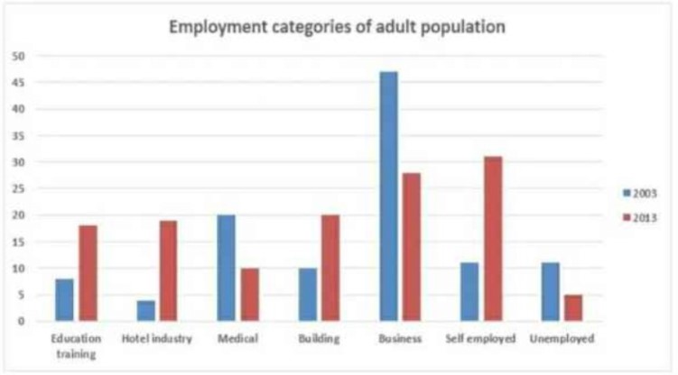 Bar chart for an IELTS Academic Task 1 question about US Adult Employment Status, 2003–2013.