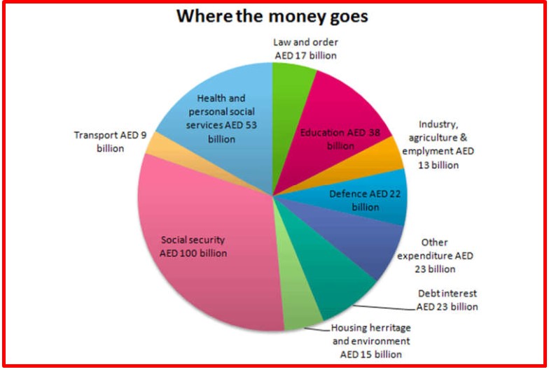 Pie chart for an IELTS Academic Task 1 question about UAE Government Spending in 2000.