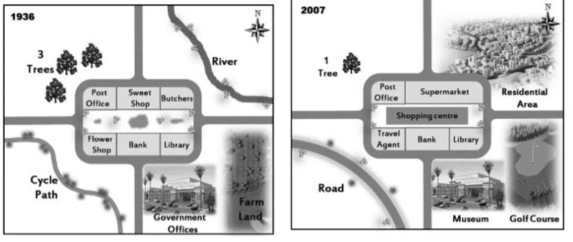 Map for an IELTS Academic Task 1 question about Lynnfield Town Development 1936–2007.