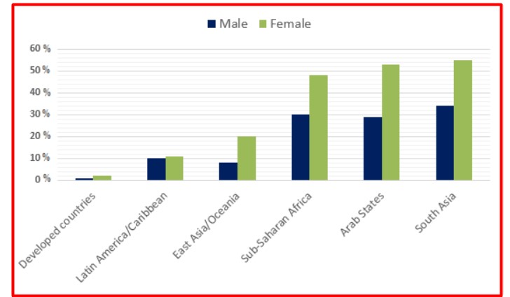 Bar chart for an IELTS Academic Task 1 question about World Illiteracy Rates by Gender.