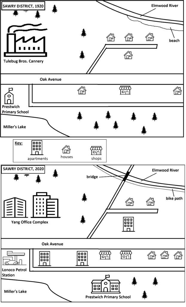 Map for an IELTS Academic Task 1 question about Sawry District Changes Since 1920.