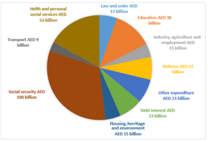 Pie chart for an IELTS Academic Task 1 question about UAE Government Budget by Sector.