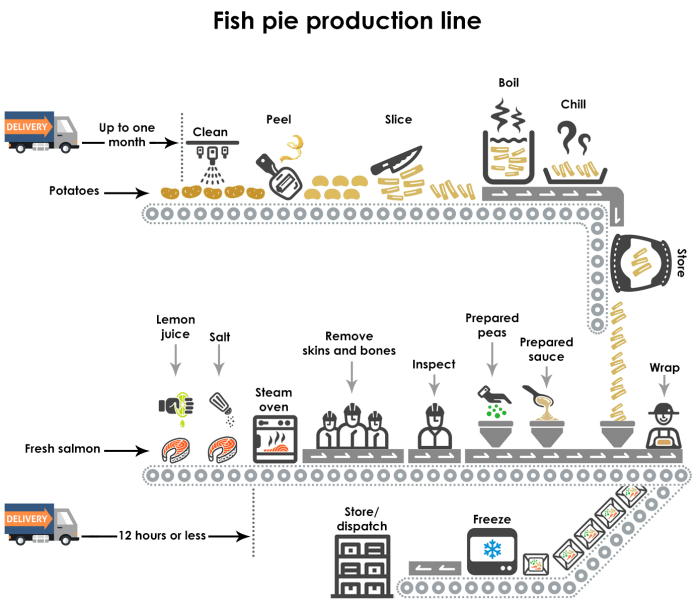 Process diagram 2 of 2 for an IELTS Academic Task 1 question about Frozen Fish Pie Production.