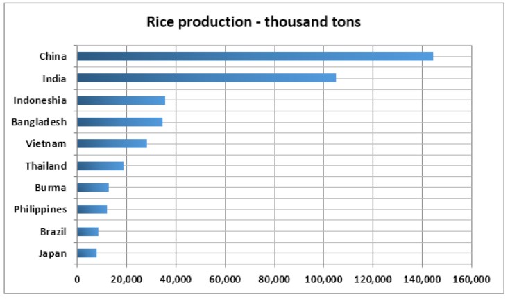 Bar chart for an IELTS Academic Task 1 question about Top Rice-Producing Countries in 2015.