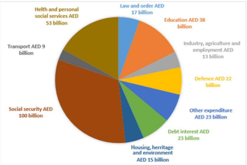 Pie chart for an IELTS Academic Task 1 question about UAE Government Budget by Sector.