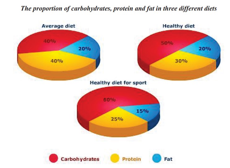 Pie chart for an IELTS Academic Task 1 question about Carbohydrates, Protein and Fat in Diets.