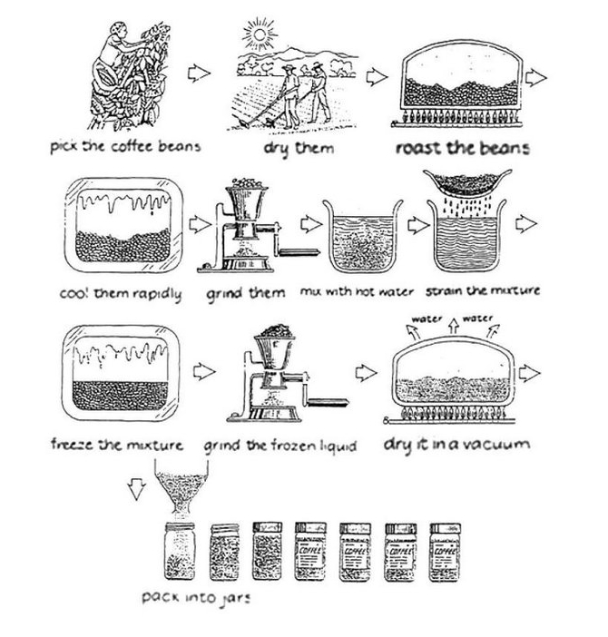 Process diagram for an IELTS Academic Task 1 question about Instant Coffee Production Process.