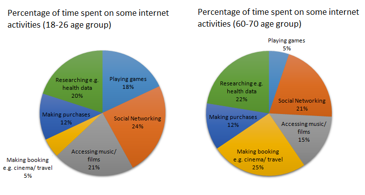 Pie chart for an IELTS Academic Task 1 question about Internet Activities by Age Group.