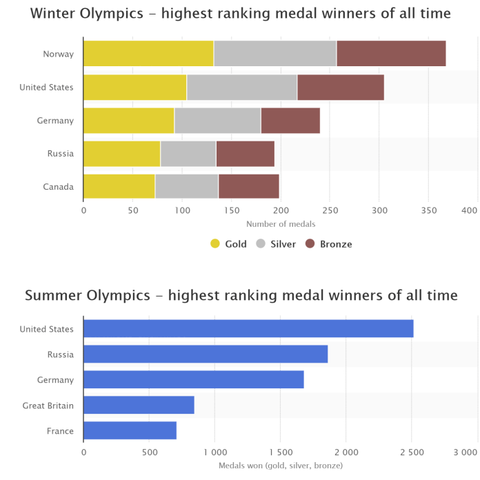 Bar chart for an IELTS Academic Task 1 question about Summer and Winter Olympic Medals.